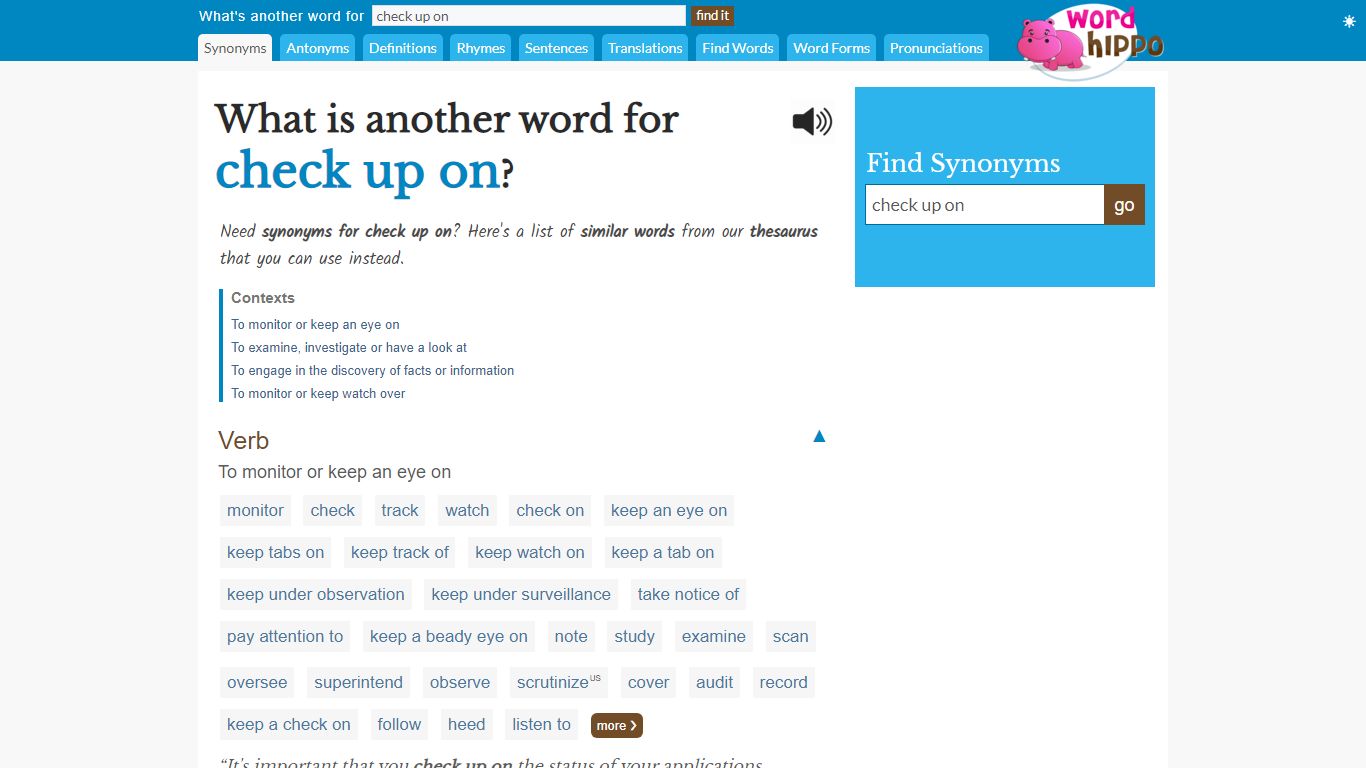 What is another word for "check up on"? - WordHippo